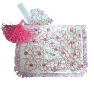 New Noor E Noir Beaded Monogram Initial S Cotton Pink Clutch Handbag